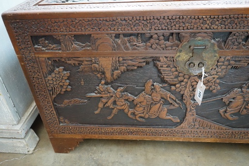 A Chinese carved camphorwood coffer, length 103cm, depth 52cm, height 59cm